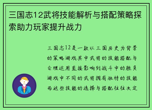 三国志12武将技能解析与搭配策略探索助力玩家提升战力