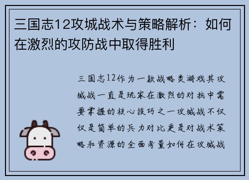 三国志12攻城战术与策略解析：如何在激烈的攻防战中取得胜利